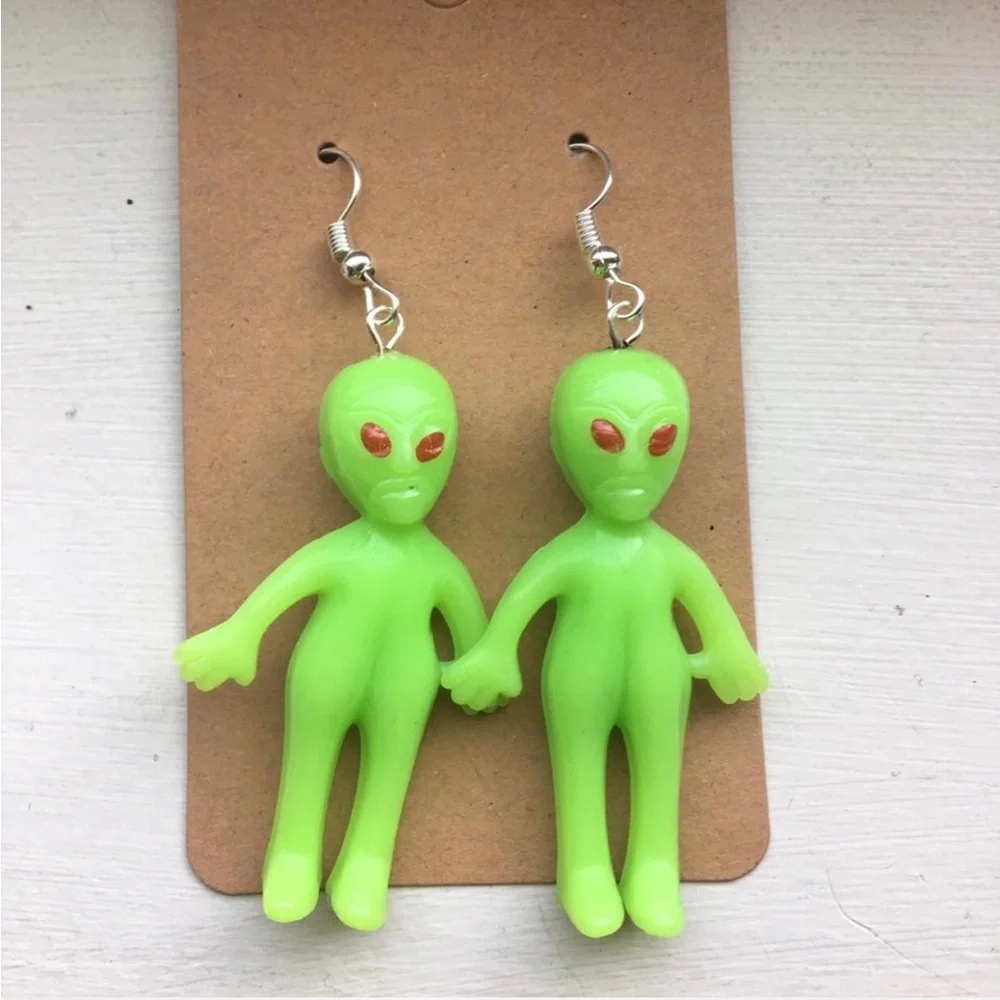 Green Alien Figure Dangle Earrings